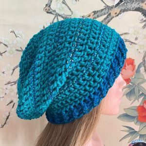 Crochet Slouchy Beanie Winter Hat Teal Purple Striped Boho Hippie Unique